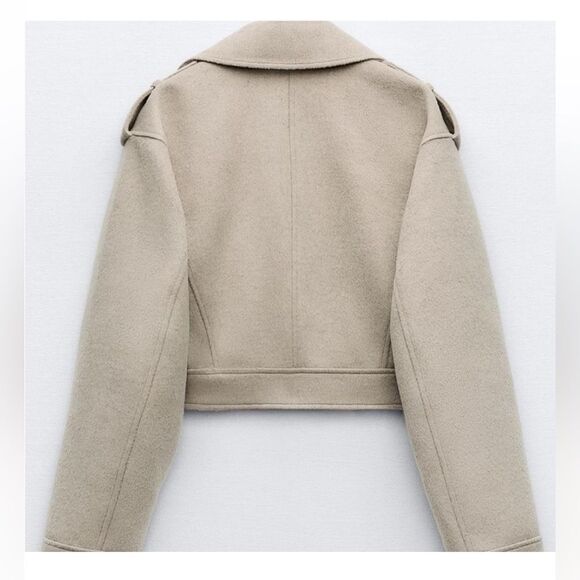 Zara Small S Felt Textured Crop Biker Jacket tan beige Women’s NWT - Picture 2 of 9